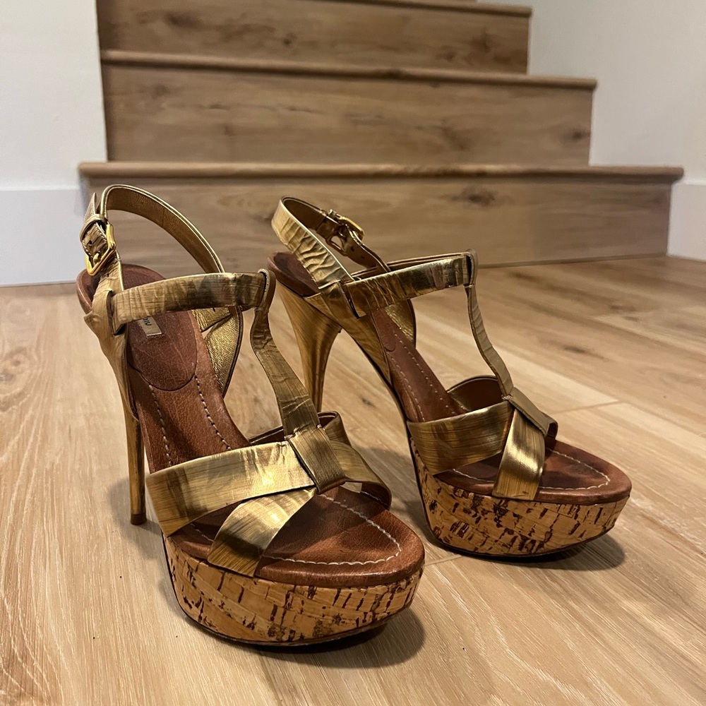 Miu Miu Gold Cork Heels